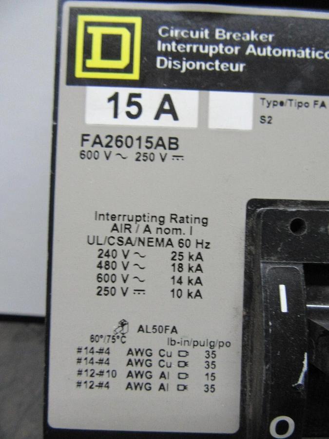 Used SQUARE D I-LINE CIRCUIT BREAKER FA26015AB 2-POLE 15 AMP 600 VAC **WARRANTY**