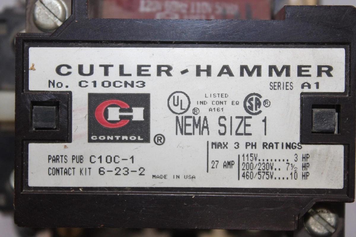 Used CUTLER-HAMMER NEMA CONTACTOR C10CN3 SIZE 1 27 AMP 3-PHASE 600 VAC COIL: 120 VAC