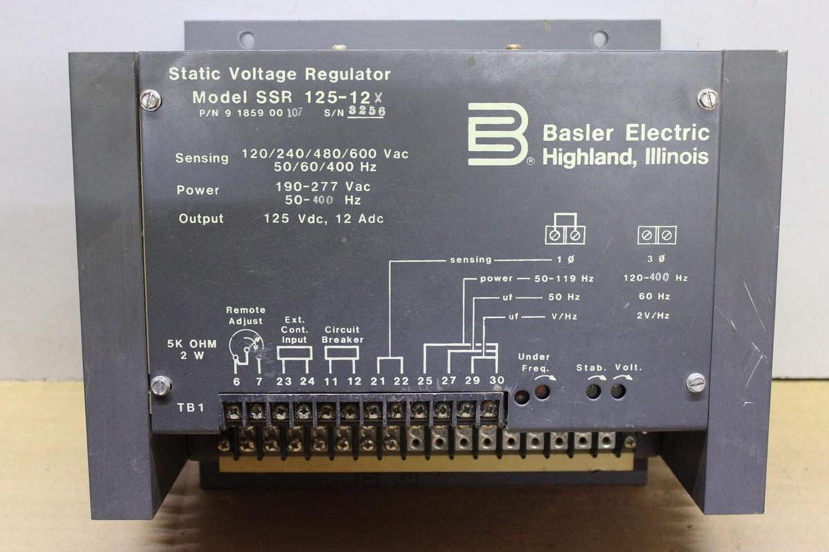 Used BASLER STATIC VOLTAGE REGULATOR SSR 125-12X 9-1859-00-107 600 VAC 400 HZ