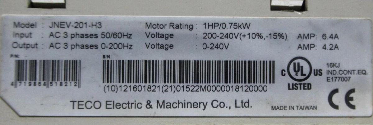 NEW SURPLUS TECO VARIABLE AC SPEED DRIVE JNEV-201-H3 1 HP 0.75 KW 240 VOLT