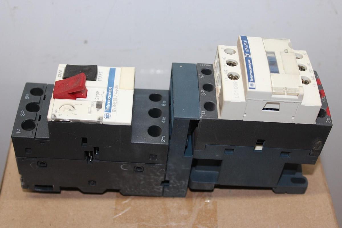 Used TELEMECANIQUE MANUAL MOTOR STARTER LC1D09 W/ GV2ME10/4.3-6A 600V 7.5HP 25A