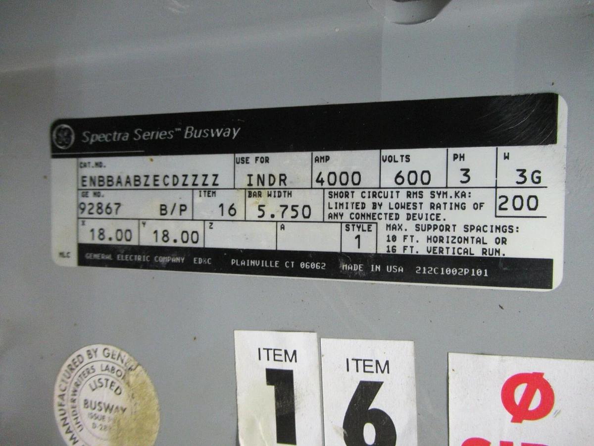 Used 4000 AMP GE SPECTRA SERIES FLATWISE 90° BUSWAY ELBOW 92867 600 V 3 PH 3 W W/G