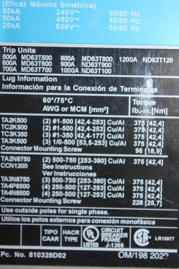 Used SIEMENS ND6 CIRCUIT BREAKER ND63F120 1200 AMP 3-POLE 600 VAC 3-PHASE *WARRANTY*