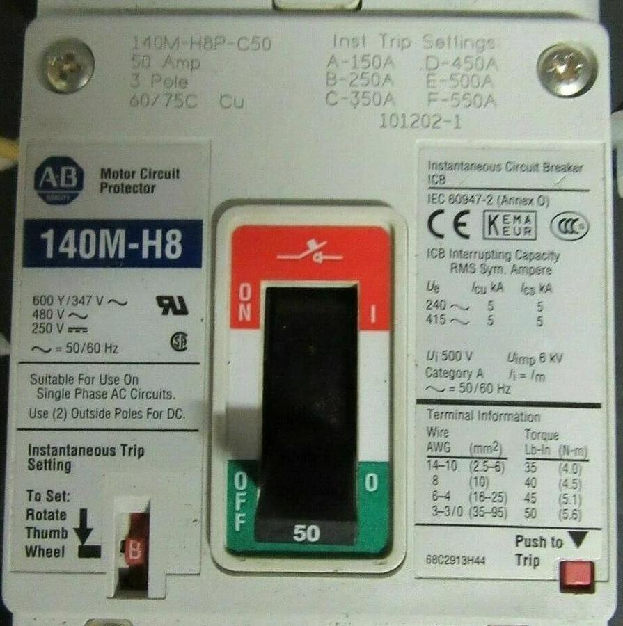 Used 50 AMP ALLEN BRADLEY 140M-H8 BREAKER 140M-H8P-C50 3 POLE 480 VAC W/ AUX SWITCH