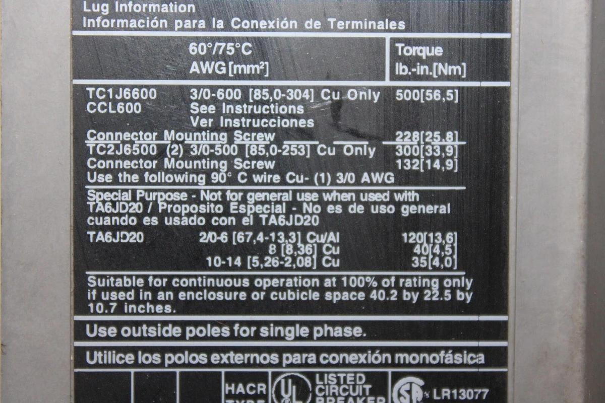 Used SIEMENS SENTRON CIRCUIT BREAKER JXD3B600H 600 AMP 600 VAC 3-POLE JXD6-A