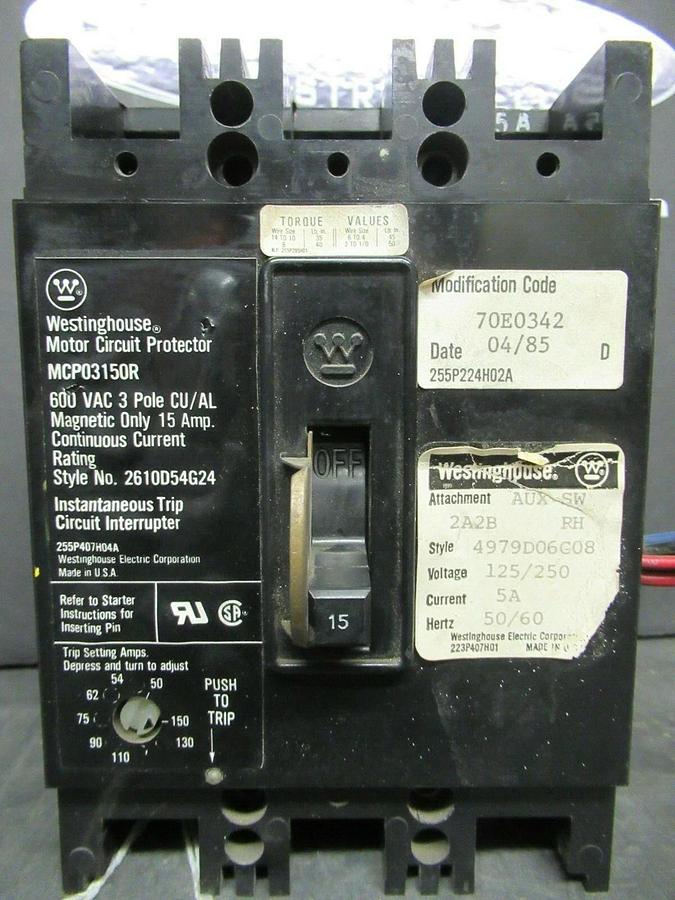 Used 15 AMP WESTINGHOUSE BREAKER MCP03150R 600 VAC 3 POLE W/ AUXILIARY SWITCH