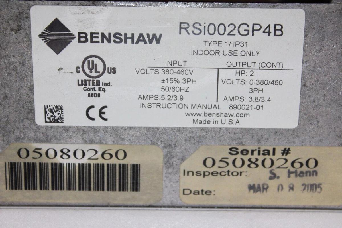Used BENSHAW VARIABLE FREQUENCY DRIVE RSI002GP4B 480 VAC 2 HP 3-PHASE 5.2 AMP