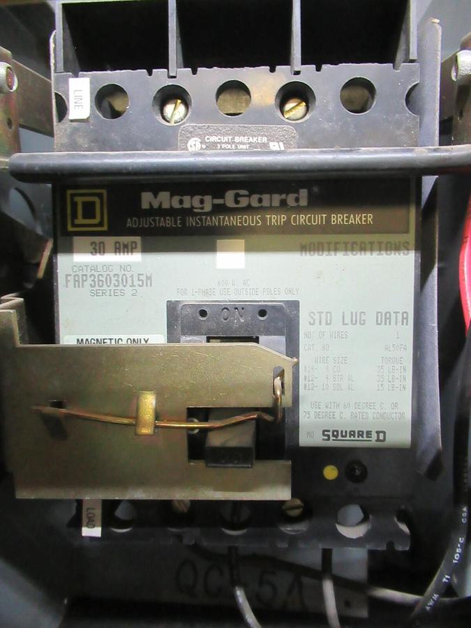 Used SQUARE D 30 AMP MOTOR CONTROL BUCKET MODEL 5 NEMA SIZE 1 STARTER COMBINATION