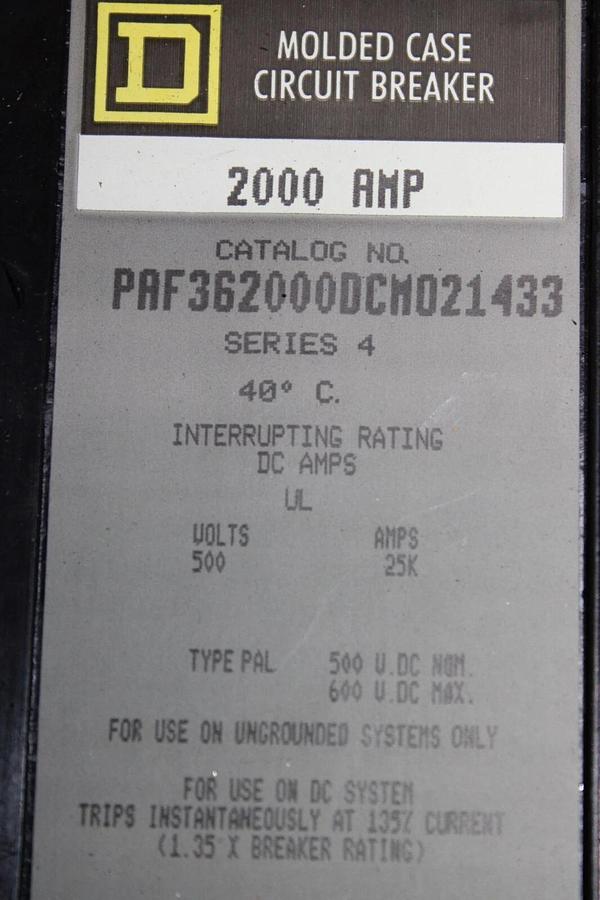 Used SQUARE D DC BREAKER PAF362000DCM021433 2000 AMP 600 VDC W/ PAM02