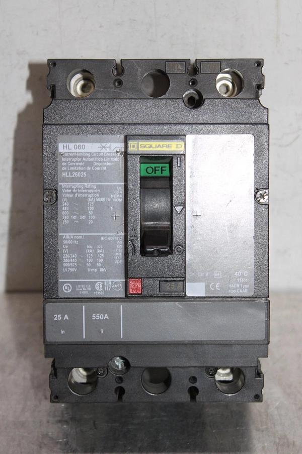 Used SQUARE D CIRCUIT BREAKER HLL26025 25 AMP 600 VAC 2-POLE 3-PHASE HL-060