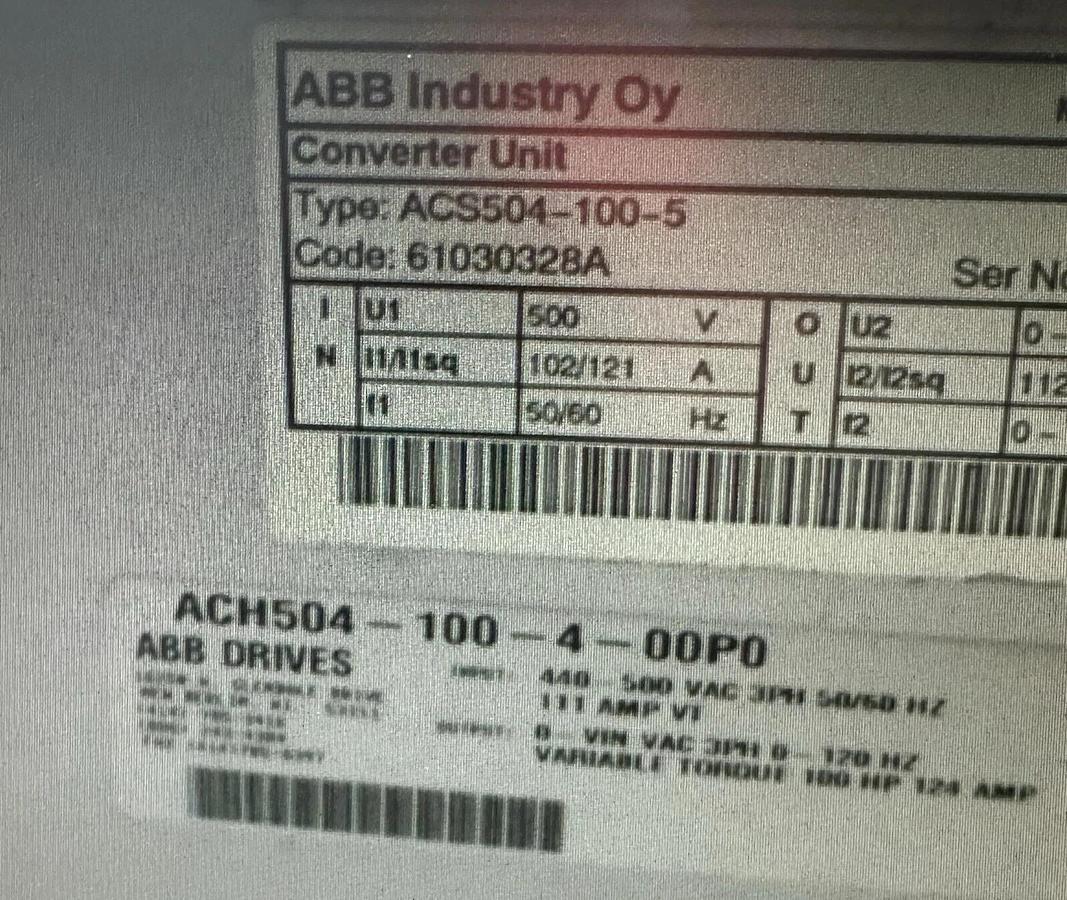 Used ABB ACH504-100-4-00P0 100 HP AC VS DRIVE 3PH 480V ACS504-100-5 100HP 124A ACH500