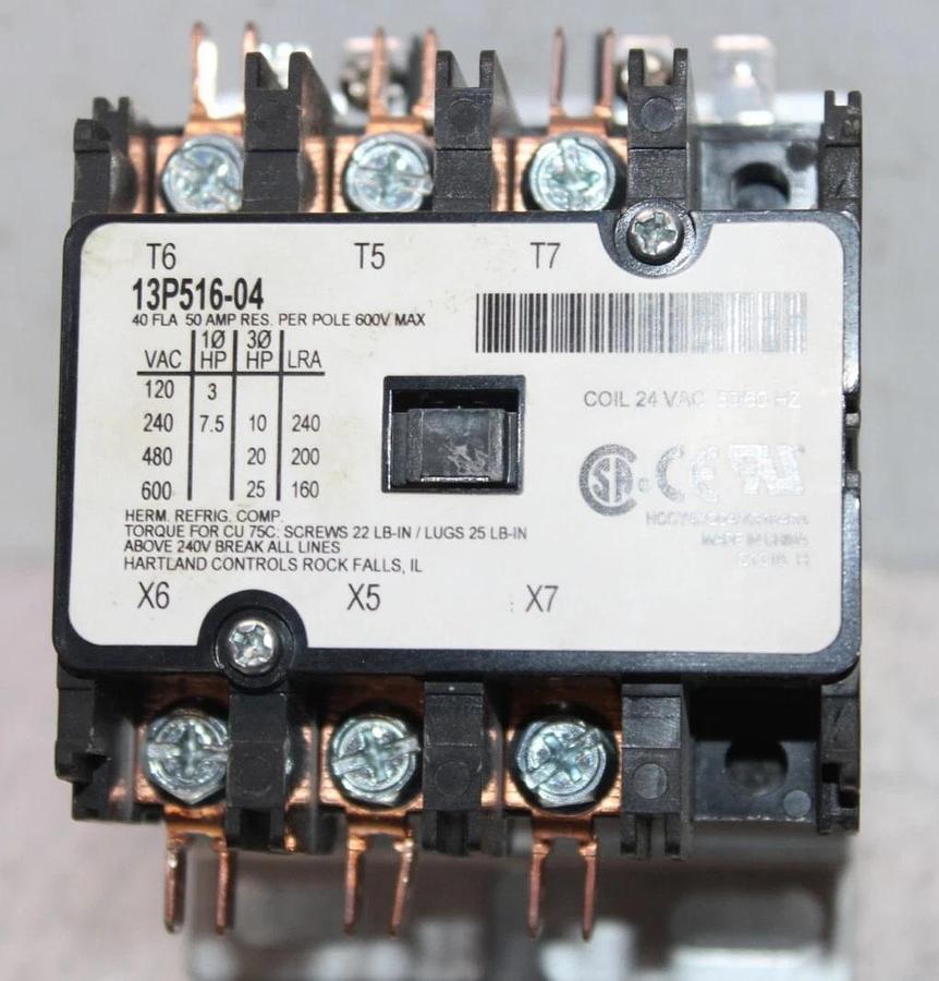 Used HARTLAND CONTACTOR 13P516-04 HCCY4XQ04WG164RA 40 AMP 600 VAC 25 HP COIL: 24VAC