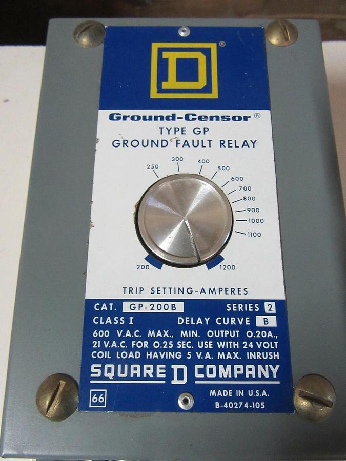 Used SQUARE D GP-200B TYPE GP GROUND FAULT RELAY 24 VAC INPUT 200 - 1200 AMPS SENSOR