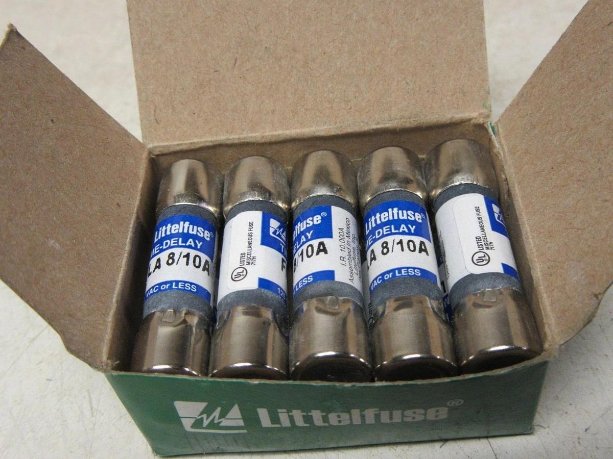 Used FLA 8/10 NEW BOX OF 10 LITTELFUSE FLA 8/10 AMP TIME DELAY NIB 125V MIDGET FUSE