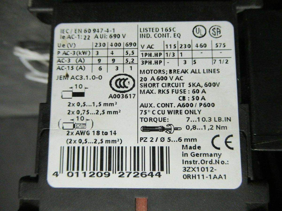 Used SIEMENS MANUAL MOTOR START 3RV1021-1KA10 600 VAC 12 AMP 10 HP