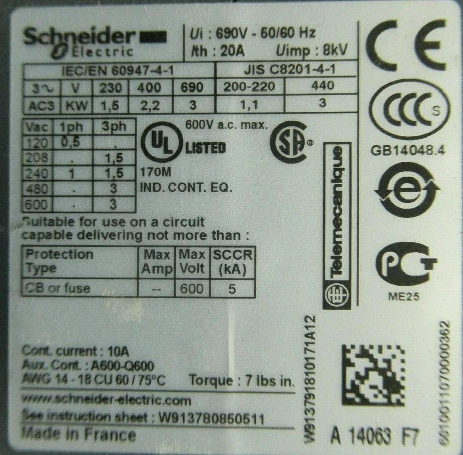 Used SCHNEIDER ELECTRIC MINI CONTACTOR LC1K0601F7 10 AMP 600 VAC 3 HP **WARRANTY**