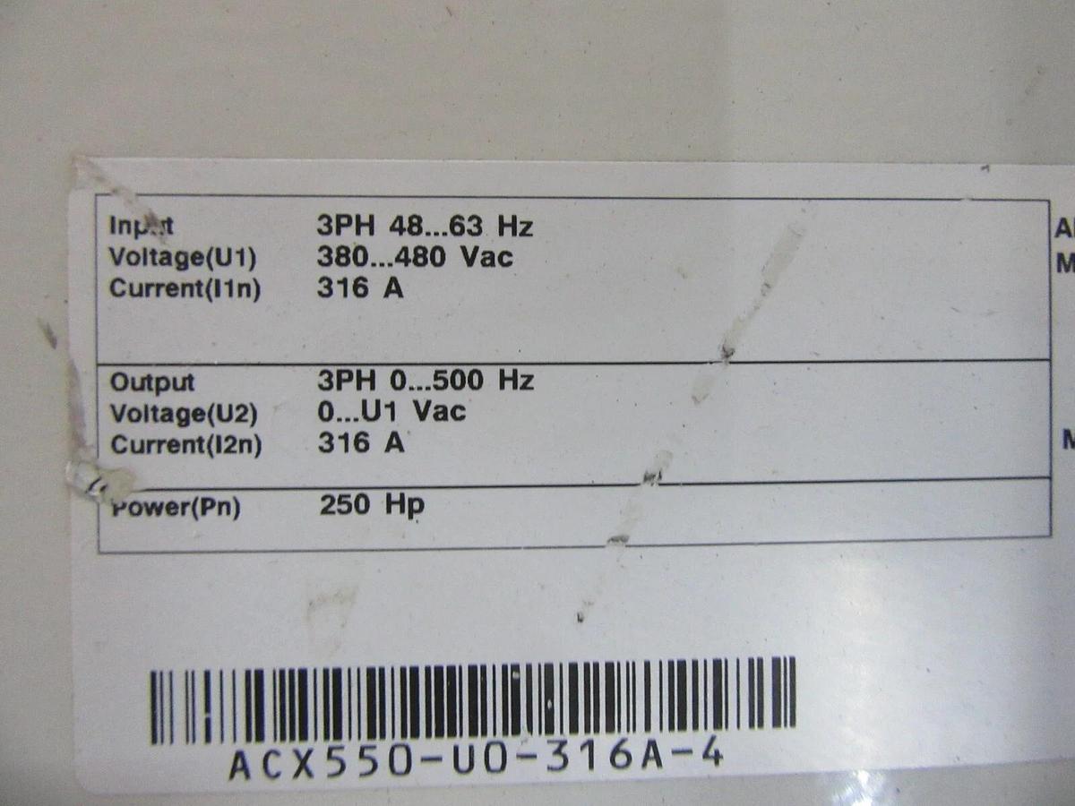 Used ABB VARIABLE SPEED DRIVE ACH550-UH-316A-4 3-PHASE 480 VAC 316 AMP
