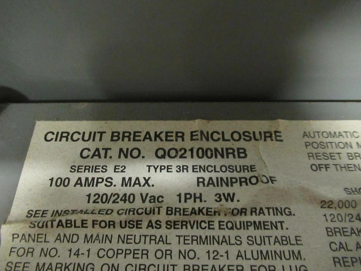Used SQUARE D CIRCUIT BREAKER ENCLOSURE NEMA 3R 100 A MAX 120 / 240 V 1 PH QO2100NRB