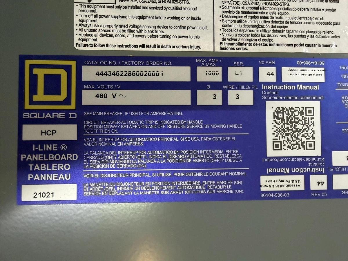 NEW SQUARE D MLO HCP I-LINE PANELBOARD 1000 AMP 480 VAC 18-SLOT 3-PHASE 3-WIRE
