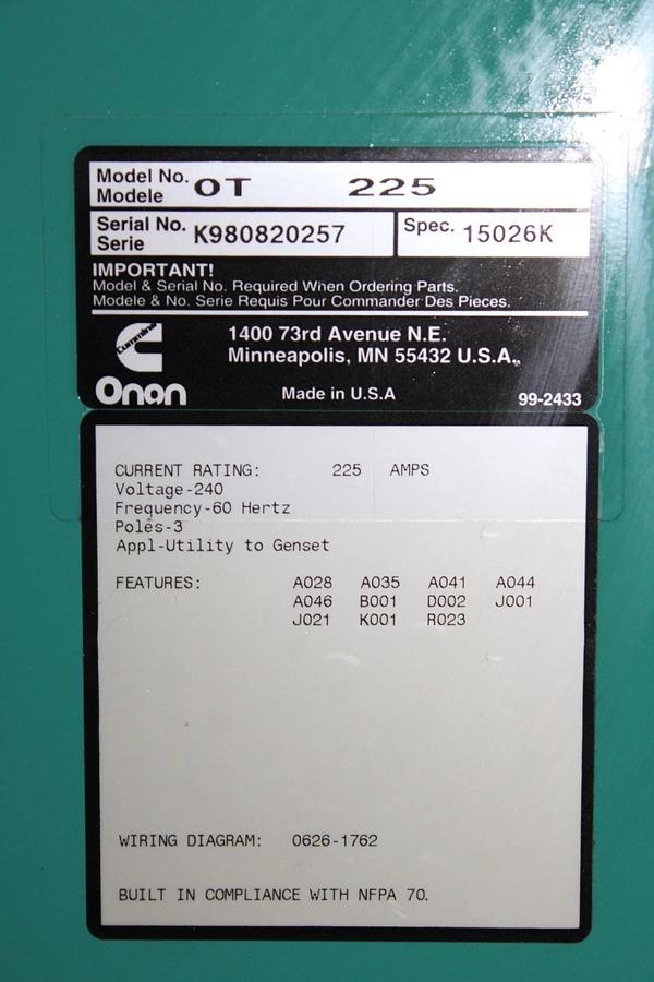 Used CUMMINS ONAN AUTOMATIC TRANSFER SWITCH OT-225 225 AMP 240 VAC 3-POLE 1-PHASE