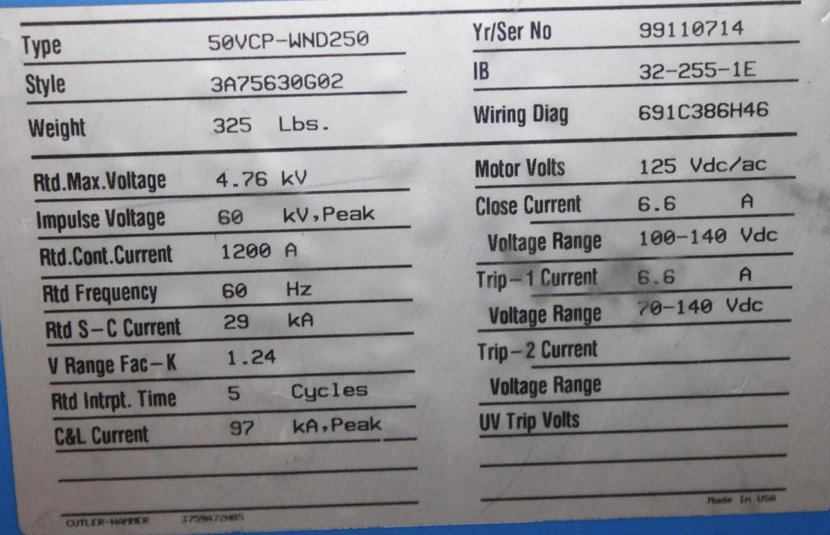 Used CUTLER-HAMMER VACUUM CIRCUIT BREAKER 50VCP-WND250 1200 AMP 5KV VCPW-ND