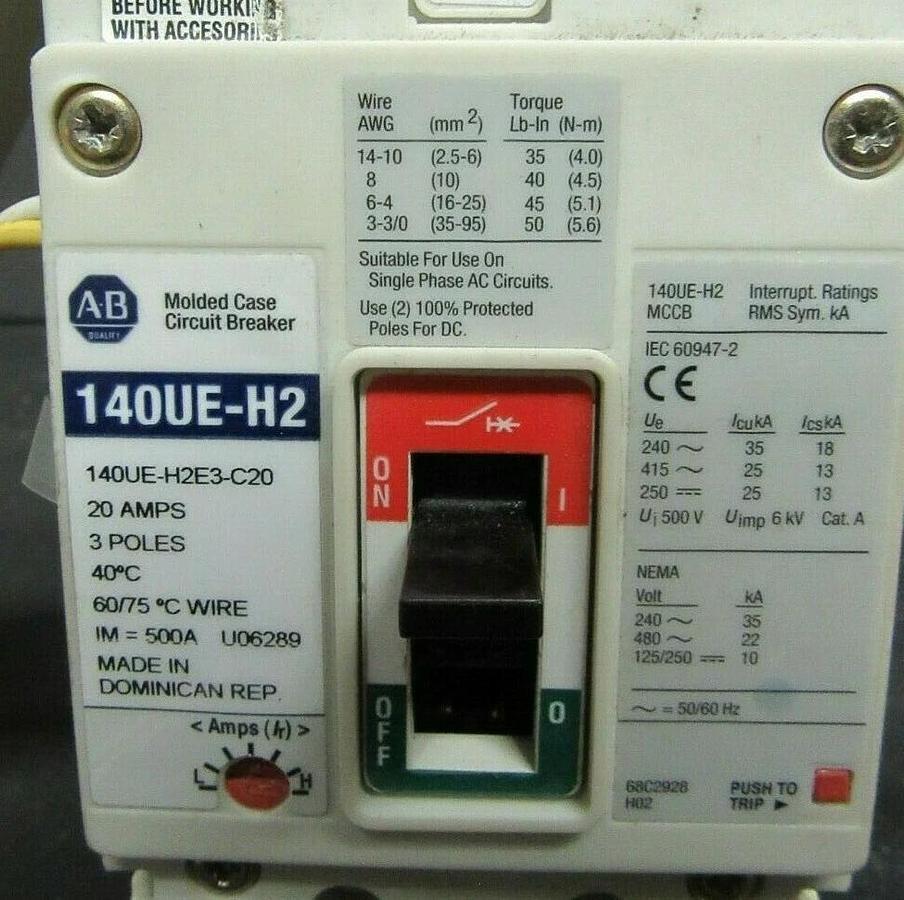 Used 20 AMP ALLEN BRADLEY BREAKER 140UE-H2E3-C20 3 POLE 480 VAC