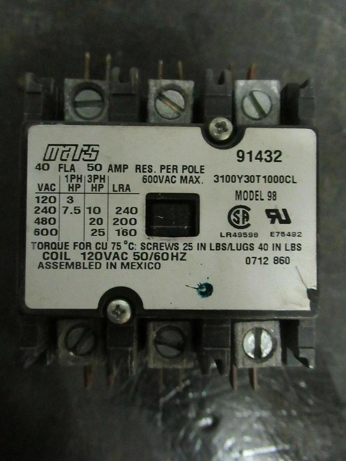 Used 40 AMP MARS CONTACTOR 31400Y30T1000CL 91432 600 VAC 3 POLE 25 HP **WARRANTY**