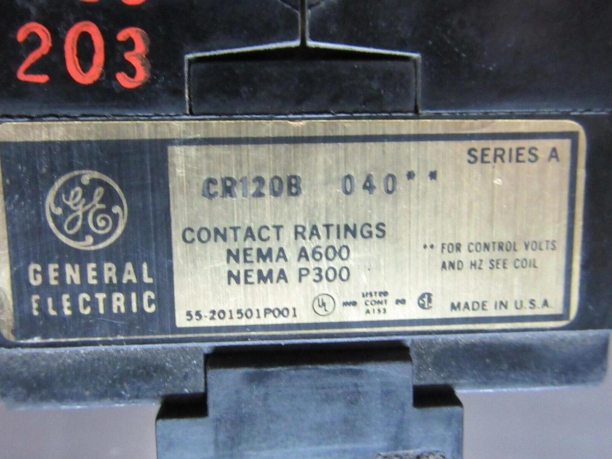 Used GENERAL ELECTRIC INDUSTRIAL RELAY CR120B-D040 600 VOLT COIL: 110/120 VOLT