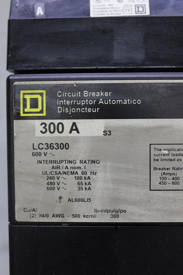 Used SQUARE D POWERPACT I-LINE CIRCUIT BREAKER LJA36400U31X 400 AMP 600 VAC 3-POLE