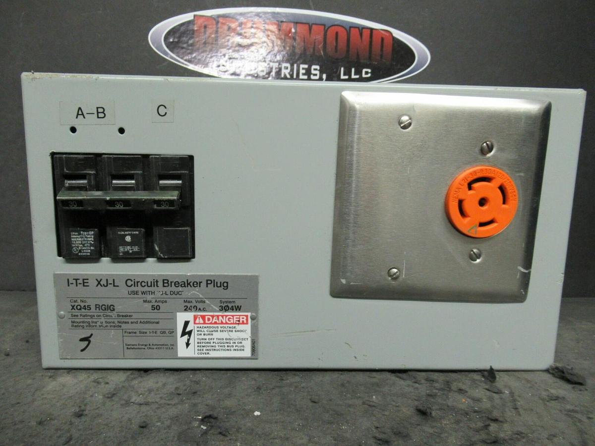 Used SIEMENS ITE BUS PLUG XQ45RG XQ45RGIG 50 AMP 240V 3P4W+GROUND XJ-L 30 AMP BREAKER