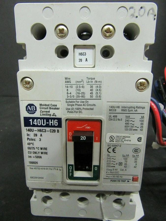 Used 20 AMP ALLEN BRADLEY BREAKER 140U-H6C3-C20 SER. B 3 POLE 480 VAC **WARRANTY**