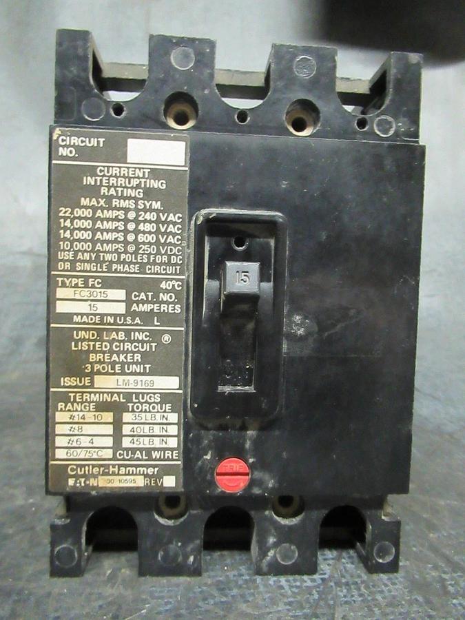 Used CUTLER-HAMMER BREAKER FC3015 15A 600VAC 3-POLE 30-10595 **WARRANTY**