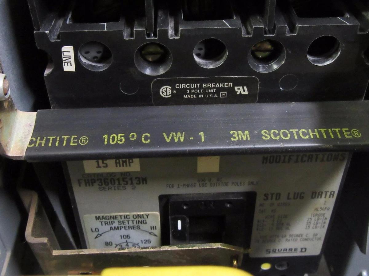 Used SQUARE D MODEL 5 MCC 12" FEEDER BUCKET WITH 15 AMP 600V FHP3601513M BREAKER