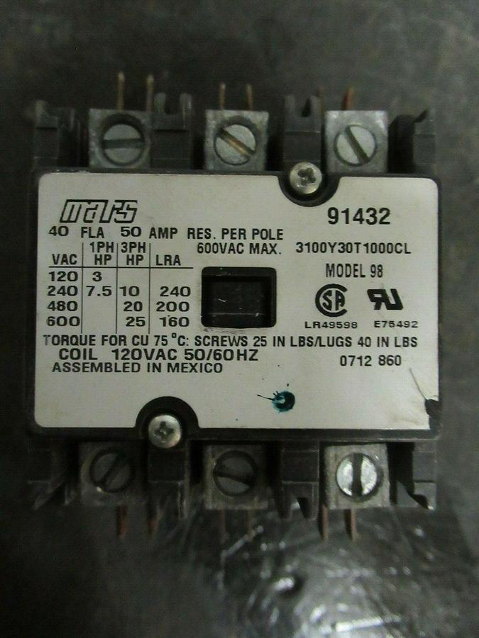 Used 40 AMP MARS CONTACTOR 31400Y30T1000CL 91432 600 VAC 3 POLE 25 HP **WARRANTY**