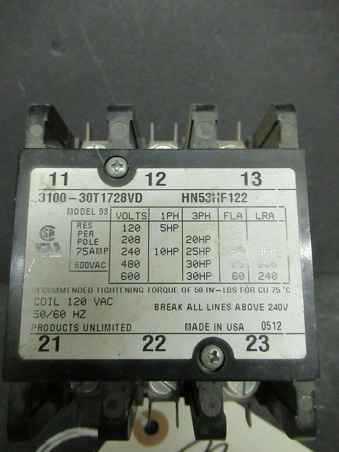 Used PRODUCTS UNLIMITED CONTACTOR 60A 600V 3 PH 120V COIL # 3100-30T1728VD