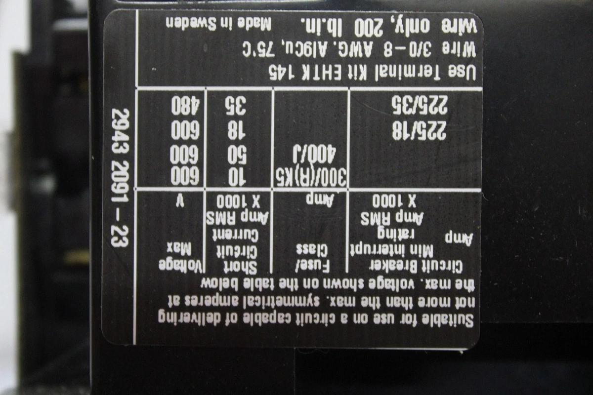 Used ABB CONTACTOR EH145 200 AMP 600 VAC 3-POLE 125 HP COIL: 24 VOLT *WARRANTY*