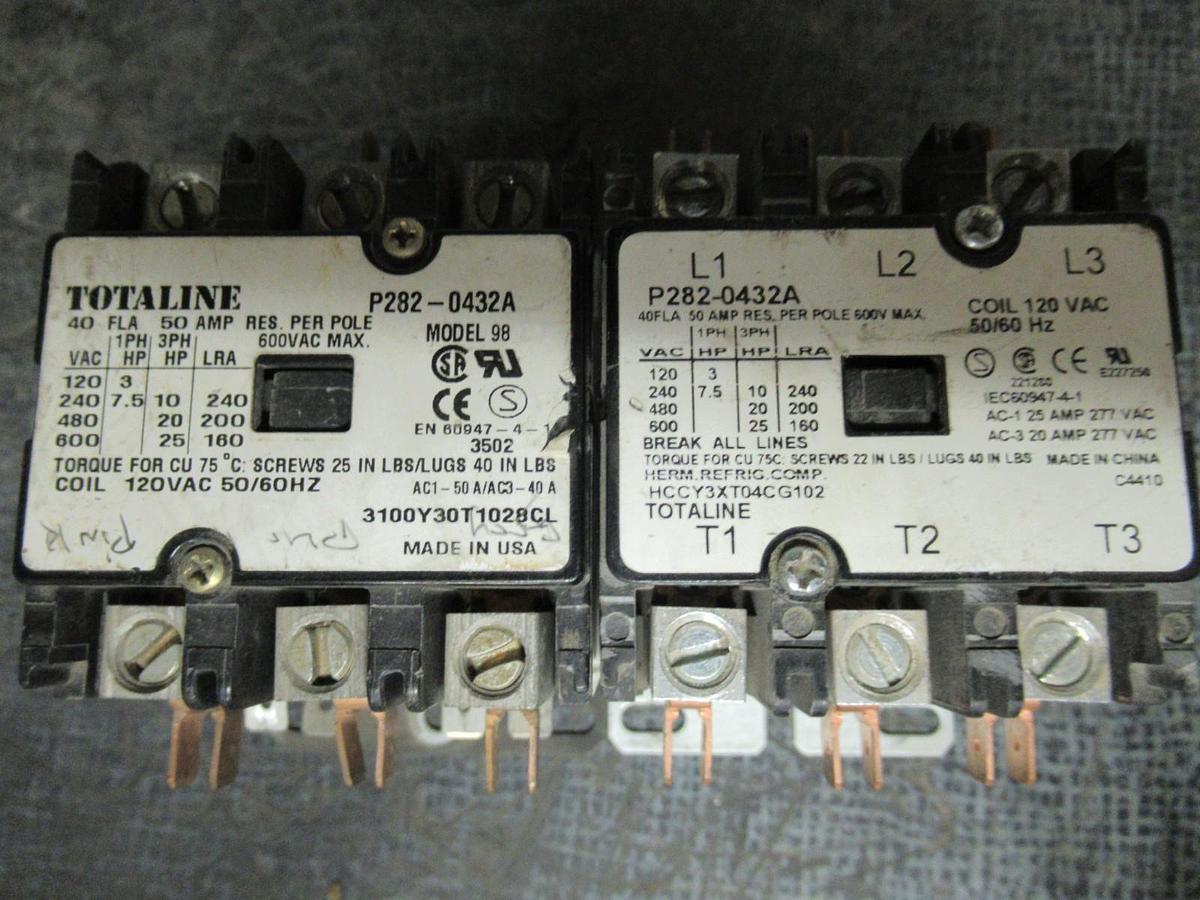 Used (1) TOTALINE CONTACTOR P282-0432A 40A 600V 25HP MODEL: 98 COIL: 120V