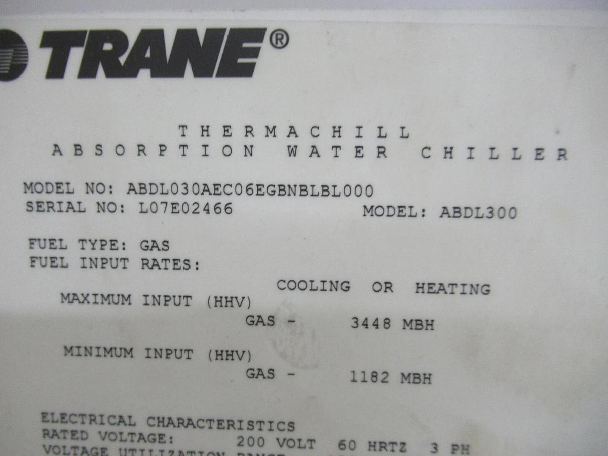 Used TRANE THERMACHILL CONTROL PANEL FOR ABSORBTION CHILLER 180-220 VAC 46.5-50.9 AMP