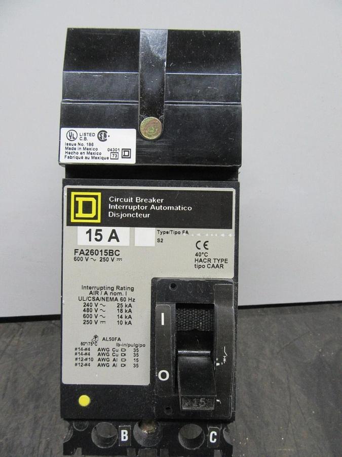Used SQUARE D I-LINE CIRCUIT BREAKER FA26015BC 2-POLE 15 AMP 600 VAC **WARRANTY**