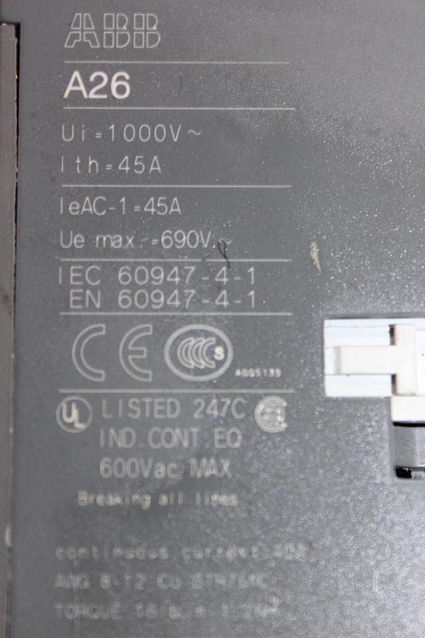 Used ABB CONTACTOR A26-22-00 45 AMP 600 VAC 3-POLE 3-PHASE COIL: 24V *WARRANTY*