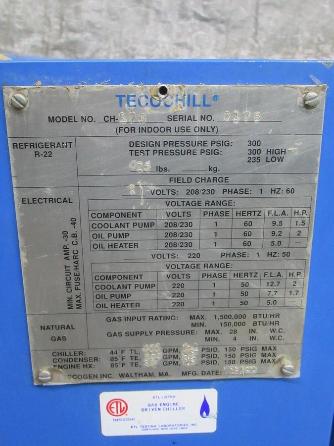 Used TECOGEN TECOCHILL CH-175 CHILLER CONTROL PANEL INTERFACE R-22 208/230 VAC 1 PH