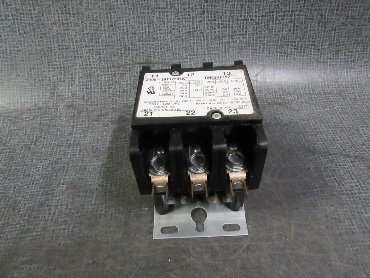 Used PRODUCTS UNLIMITED CONTACTOR 3100-30T1728TW HN53HF122 600V 60A 75A/RES 10HP