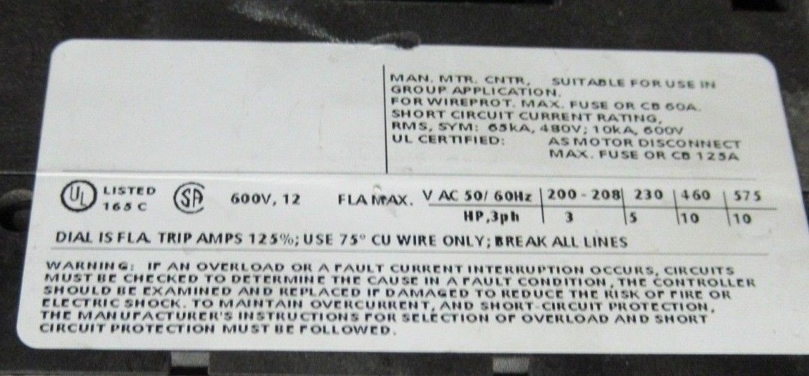 Used SIEMENS MANUAL MOTOR STARTER 3RV1011-1KA10 600 VOLT 12 AMP 10 HP G/070314