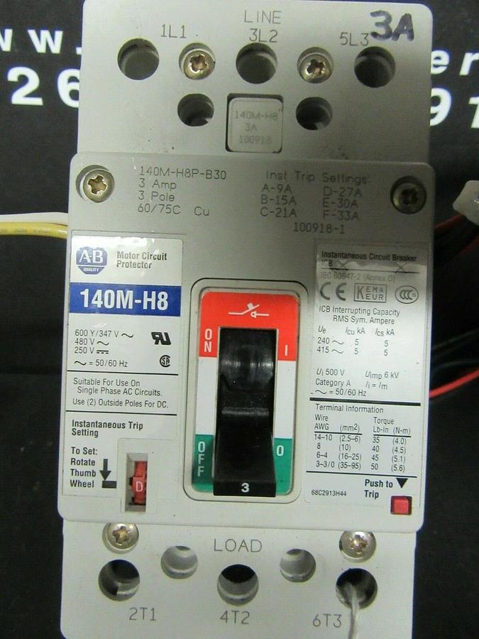 Used 3 AMP ALLEN BRADLEY 140M-H8 BREAKER 140M-H8P-B30 3 POLE 480 VAC W/ SHUNT TRIP