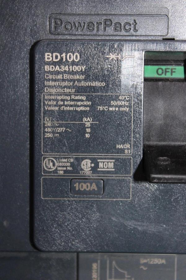 Used SQUARE D POWERPACT I-LINE CIRCUIT BREAKER BDA34100Y 480/277V 100A 3-POLE