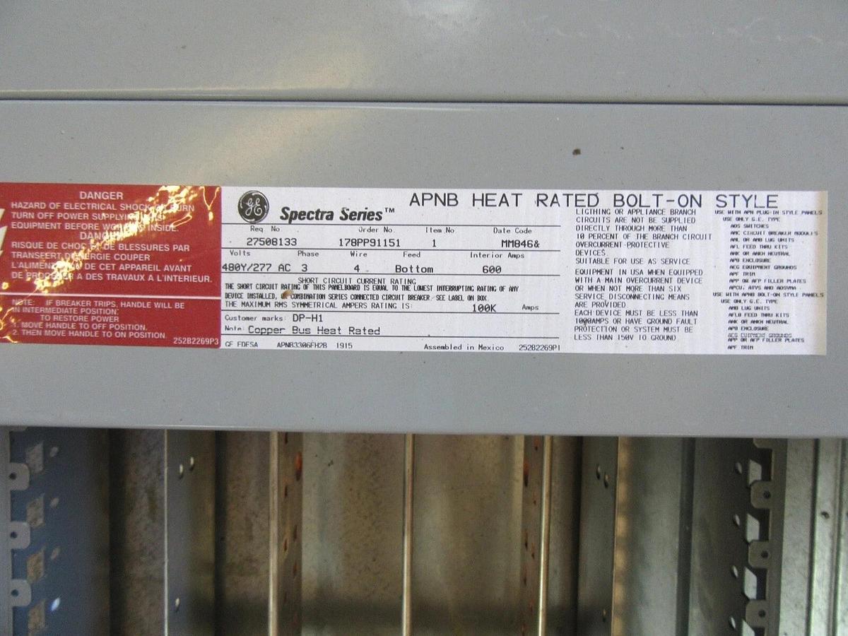 Used GE 600 AMP PANELBOARD SPECTRA SERIES APNB 480/277 VOLT MLO