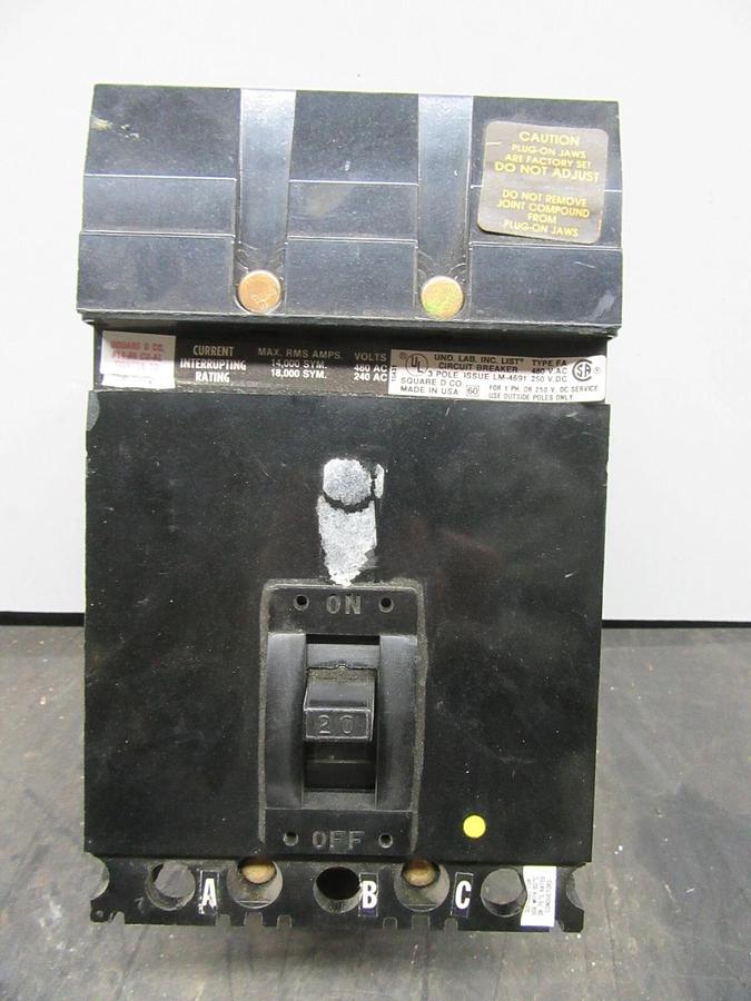 Used SQUARE D I-LINE BREAKER FA34020 20 AMP 3-POLE 480 VAC **WARRANTY INCLUDED**