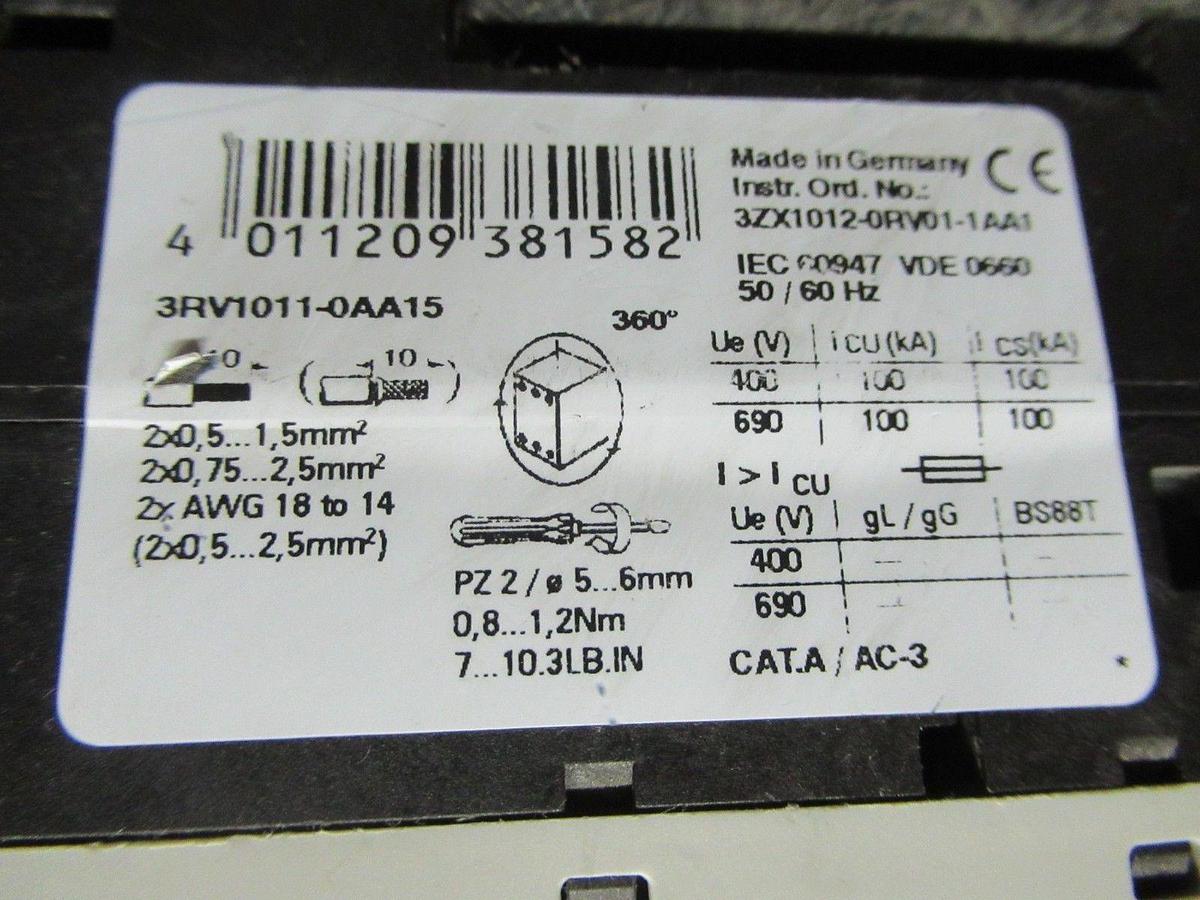 Used SIEMENS MANUAL MOTOR START 3RV1011-0AA15 600V 0.16A **WARRANTY INCLUDED**