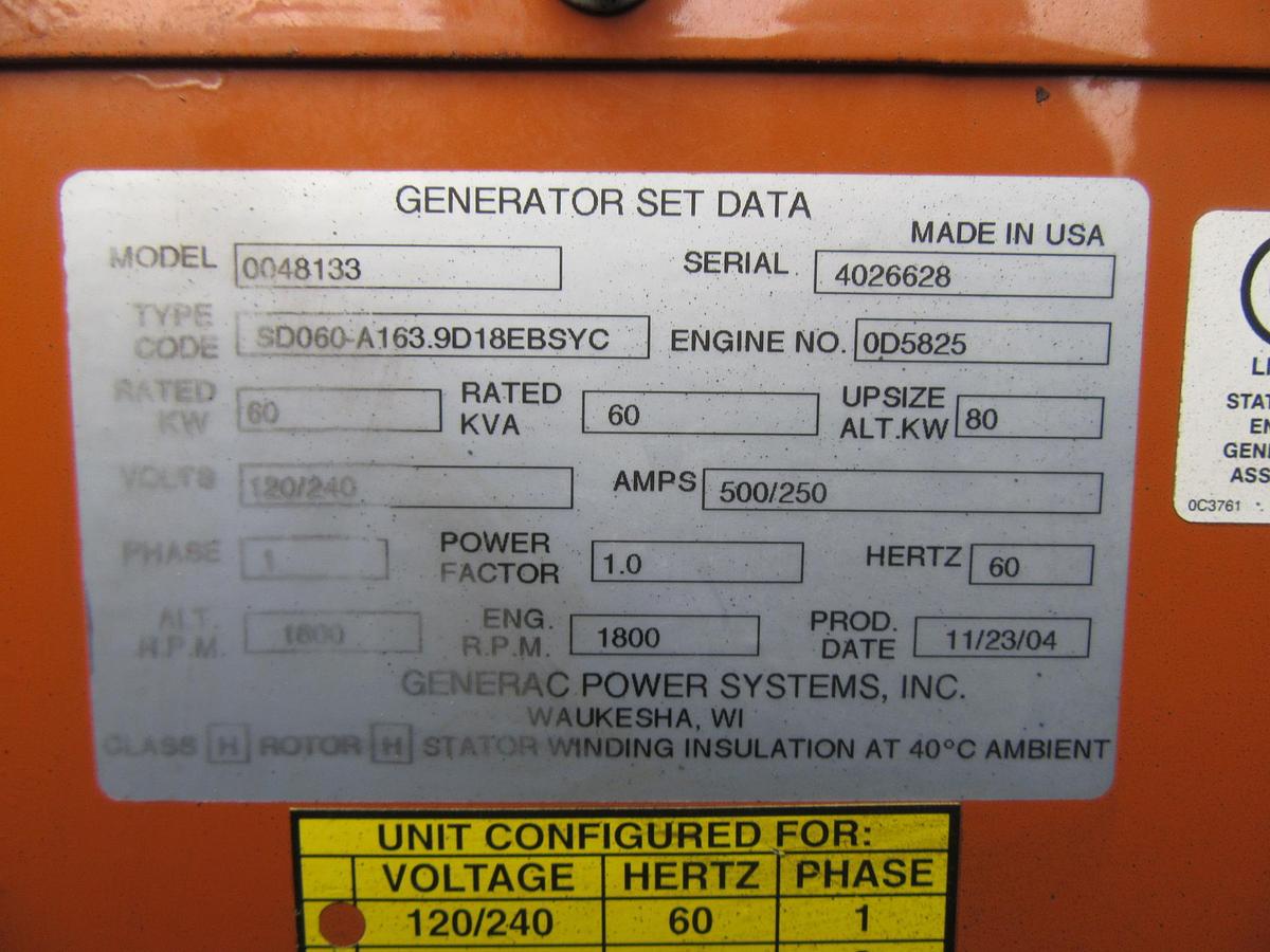 Used 60 KW DIESEL GENERATOR GENERAC 120/240 VOLT ONLY 355 HRS SOUND ENCLOSED VIDEO