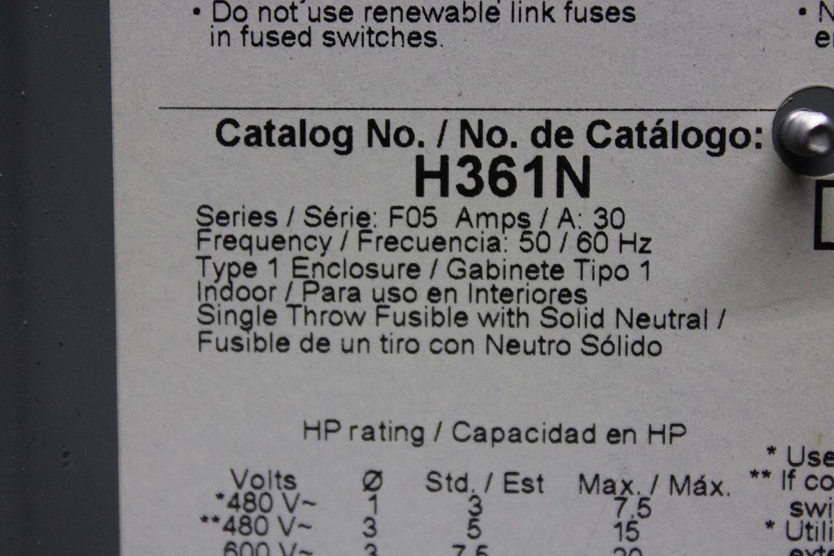 Used SQUARE D SAFETY DISCONNECT SWITCH HU365 400 AMP 600 VAC TYPE 1